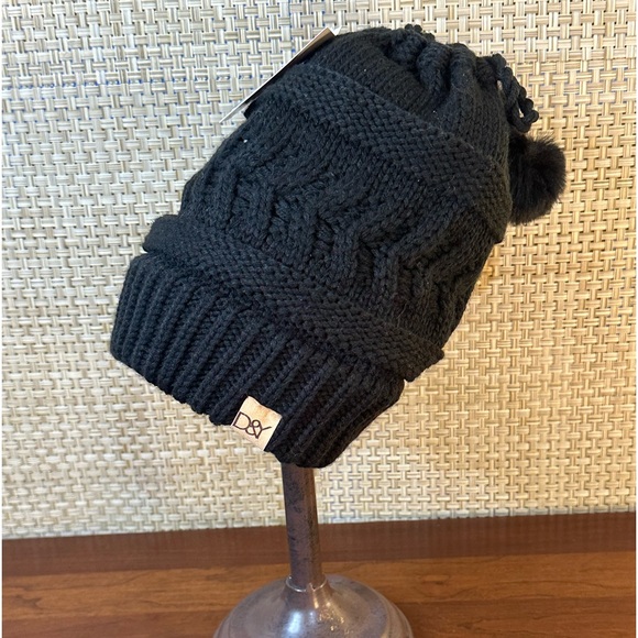 D&Y Black Ponytail Acrylic Knit Beanie Hat & Snood Vegan Faux Fur Poms Unisex - Picture 1 of 10